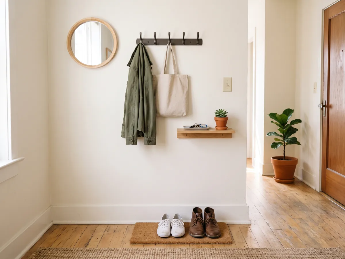 Small rental entryway with wall hooks, shoe tray and key bowl