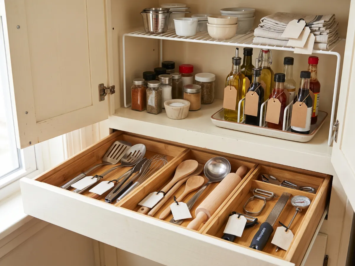Tidy kitchen cabinet with drawer dividers, riser and sorted containers