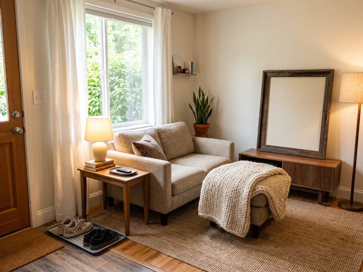 Cozy small living room with warm lamp light, throw blanket and floor seating