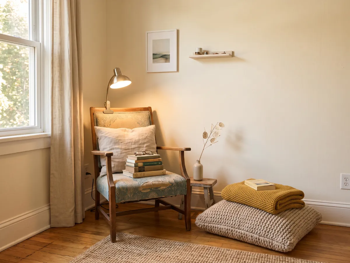 Cozy bedroom reading nook with floor cushion, books and warm lamp light