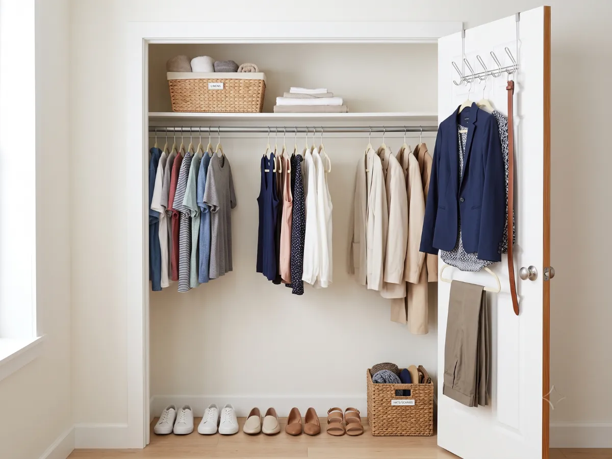 Tidy small closet with zoned clothes, shelf bins and labeled boxes